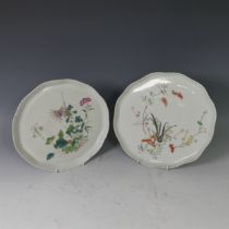 A pair of Chinese porcelain lobed Plates, decorated with flowers and fruit in colourful enamels,
