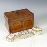 A Sheraton mahogany marquetry inlaid Tea Caddy, with fan medallion marquetry to lid and leaf