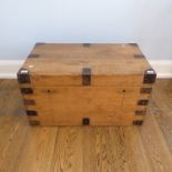 A vintage iron bound pine Trunk, with metal lining and cast iron carrying handles, W 85cm x D 50cm x