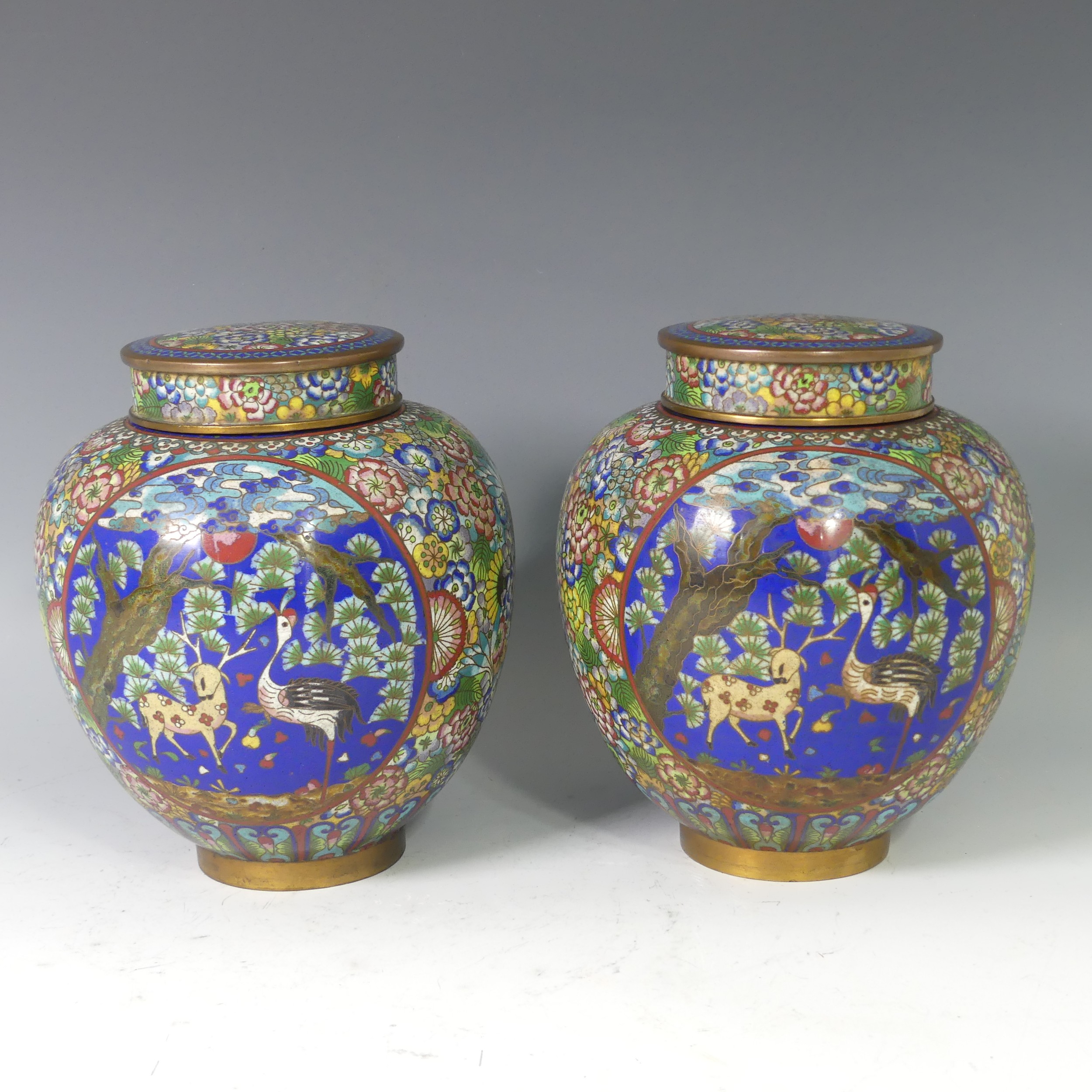 A pair of Japanese cloisonne lidded Jars, decorated with a panel depicting birds and mythical beasts