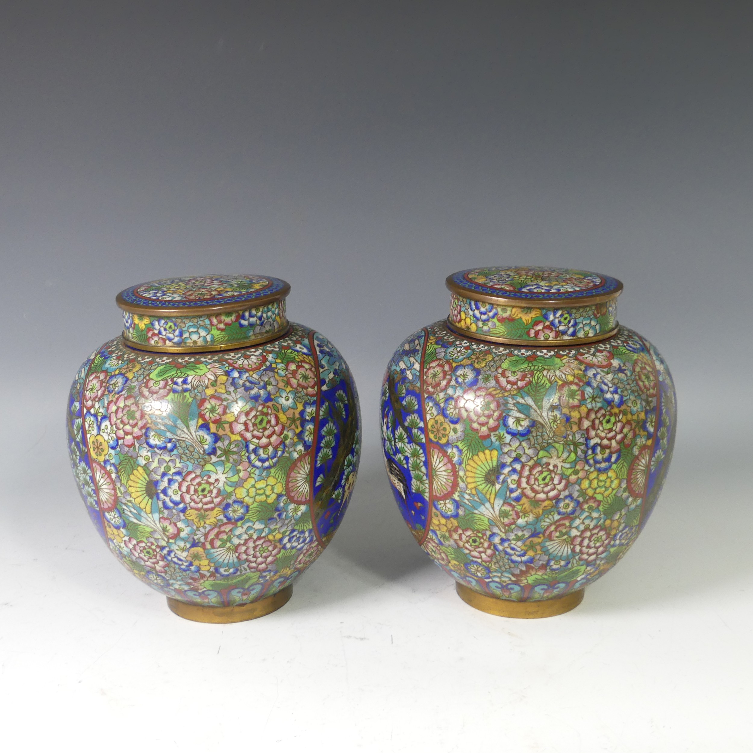 A pair of Japanese cloisonne lidded Jars, decorated with a panel depicting birds and mythical beasts - Image 3 of 5