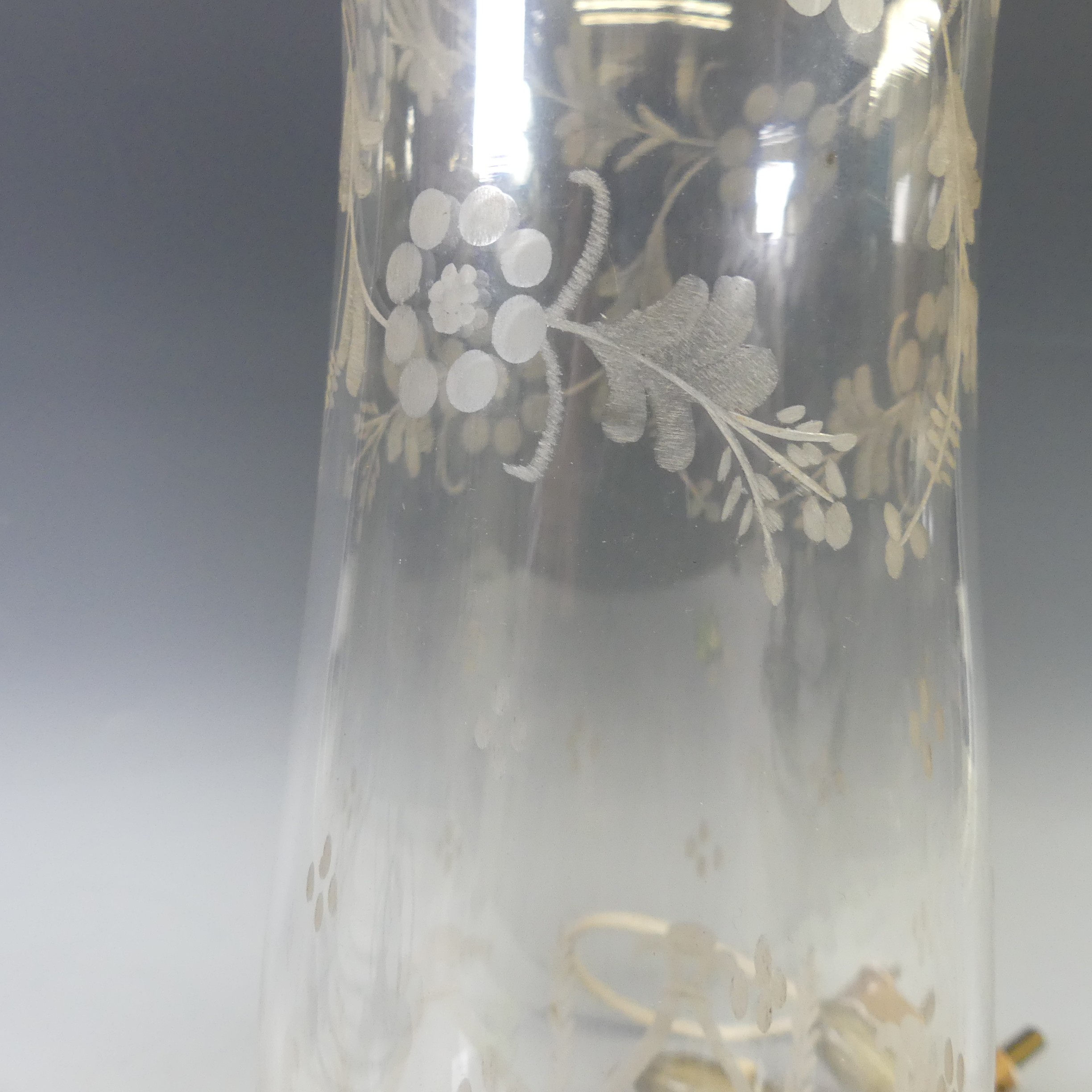 A pair of cast brass and etched glass Table Lamps, the glass shades etched with floral swags, on a - Image 4 of 4