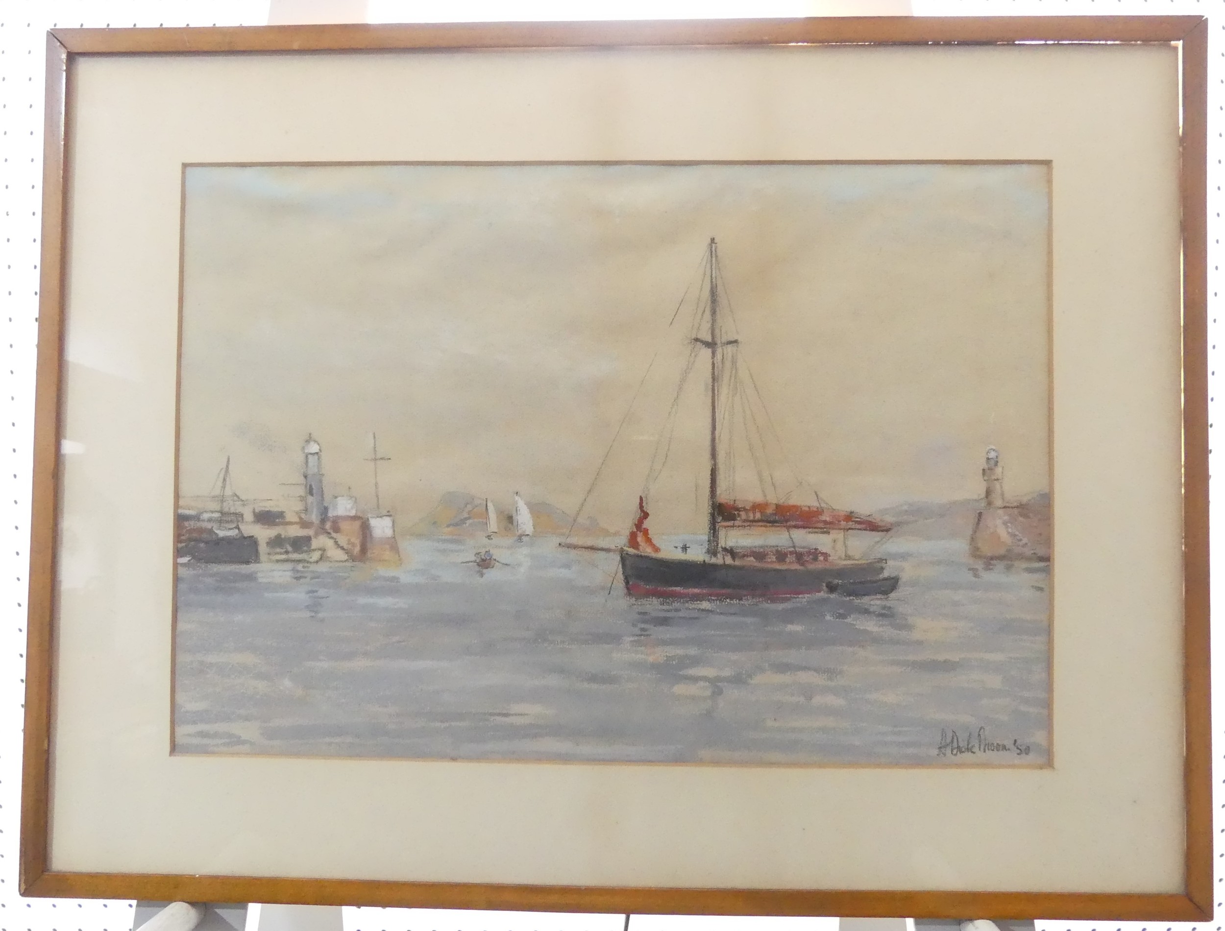 H. Dick Broom (20th century), Harbour with lighthouses and yachts, coloured pastels, signed and - Image 4 of 6