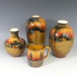 A Royal Doulton countryside scene Vase, signed H Morrey, H 25cm, together with two other Vases by