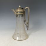 An early 20thC etched glass Claret Jug with silver plated mounts, wear to plating, H 28cm,