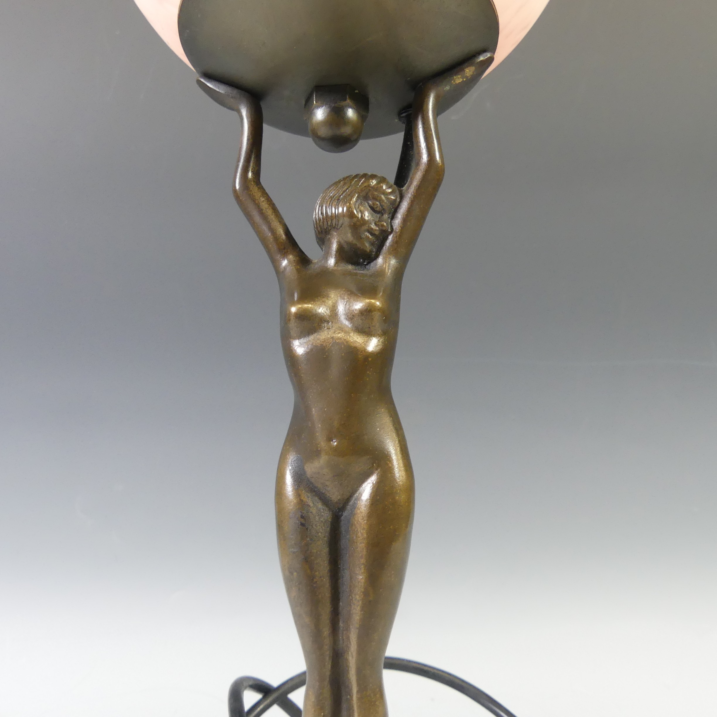 An Art Deco style bronzed globe Table Lamp, in the form of a nude lady holding a globe, H 43cm - Image 2 of 4