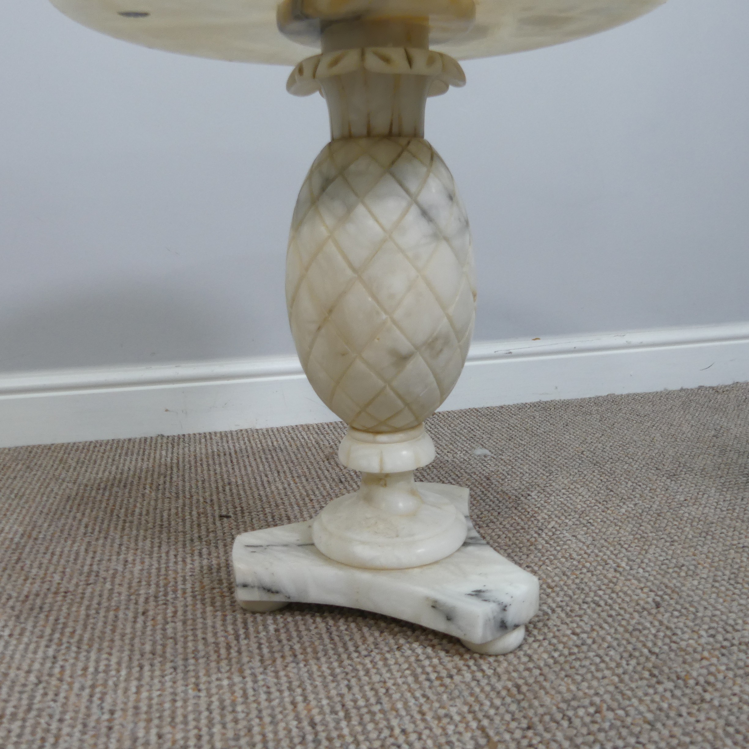 A carved alabaster circular occasional Table, raised on a triform base, W 46cm x D 46cm x H 50cm, - Image 4 of 6