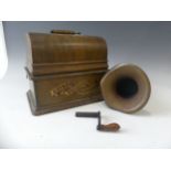 An early 20th century Edison standard phonograph, oak case, brass horn, serial 194199 together