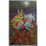 Lawson E. Rudge (b. 1936), Boxing Hares in an Autumnal Woodland, oil on canvas mounted on board,