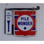 A vintage wall hanging French metal sign, advertising 'PILE WONDER', on sale here, double sided sign