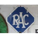 A vintage RAC double sided enamel sign, in blue & white, some spots of rust and wear, approx. 56cm x