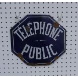 A Vintage metal French 'Telephone Public' sign, white lettering on blue background, some rust and