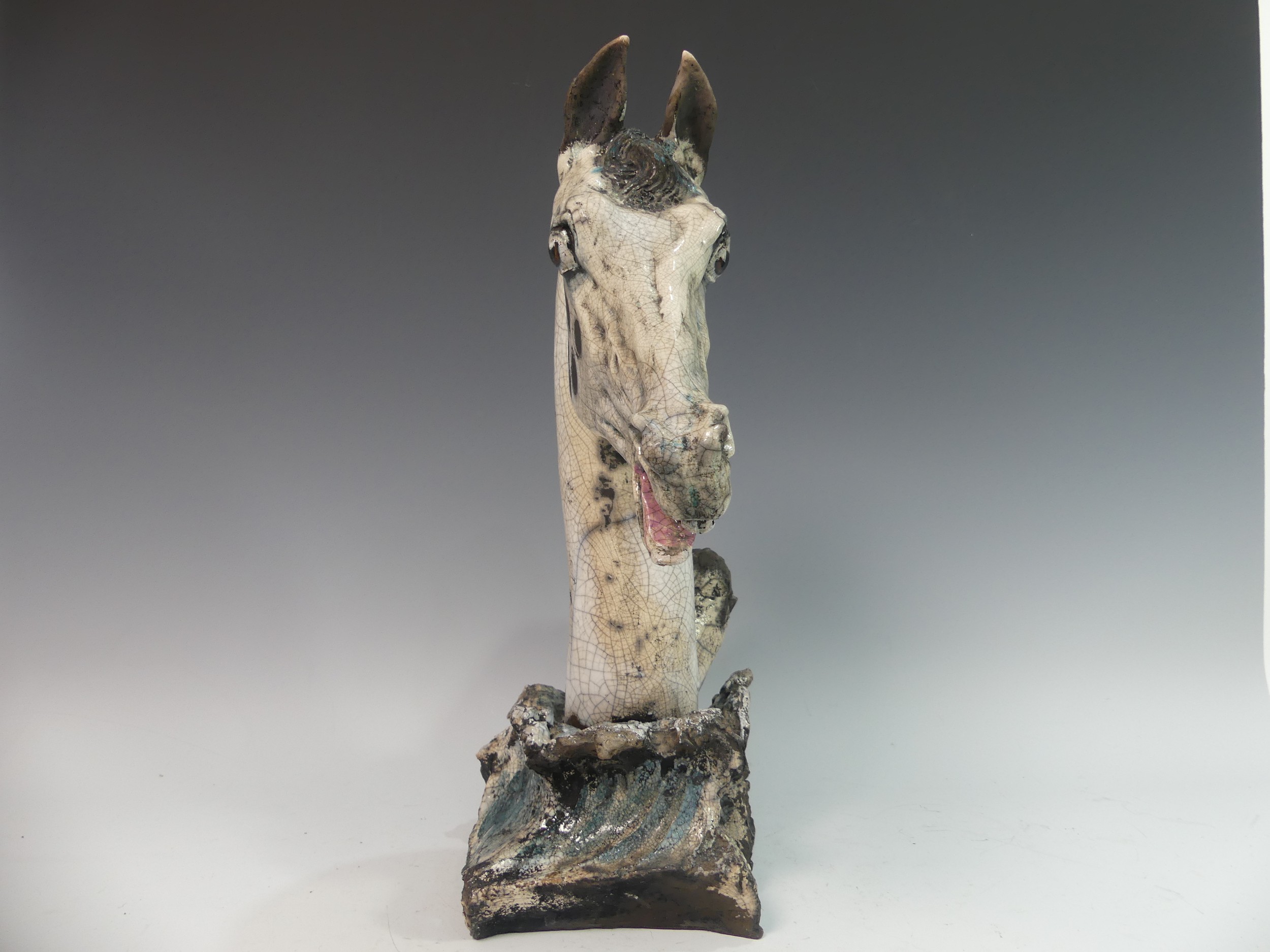 Lawson E. Rudge (b. 1936), a raku fired studio pottery sculpture of a Horse Head, modelled on a - Image 2 of 5