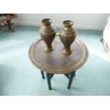 A Persian ‘Benares’ brass-top Folding Table, W 56cm x D 56cm x H 52cm, together with a pair of