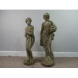 Garden Statuary: a reconstituted stoneware figure of Pandora, raised on circular base, H 91cm,