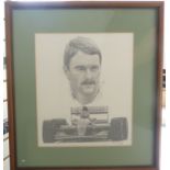 Nigel Mansell, a pencil portrait of Nigel Mansell with Williams Renault racing car, by Peter Hooper,