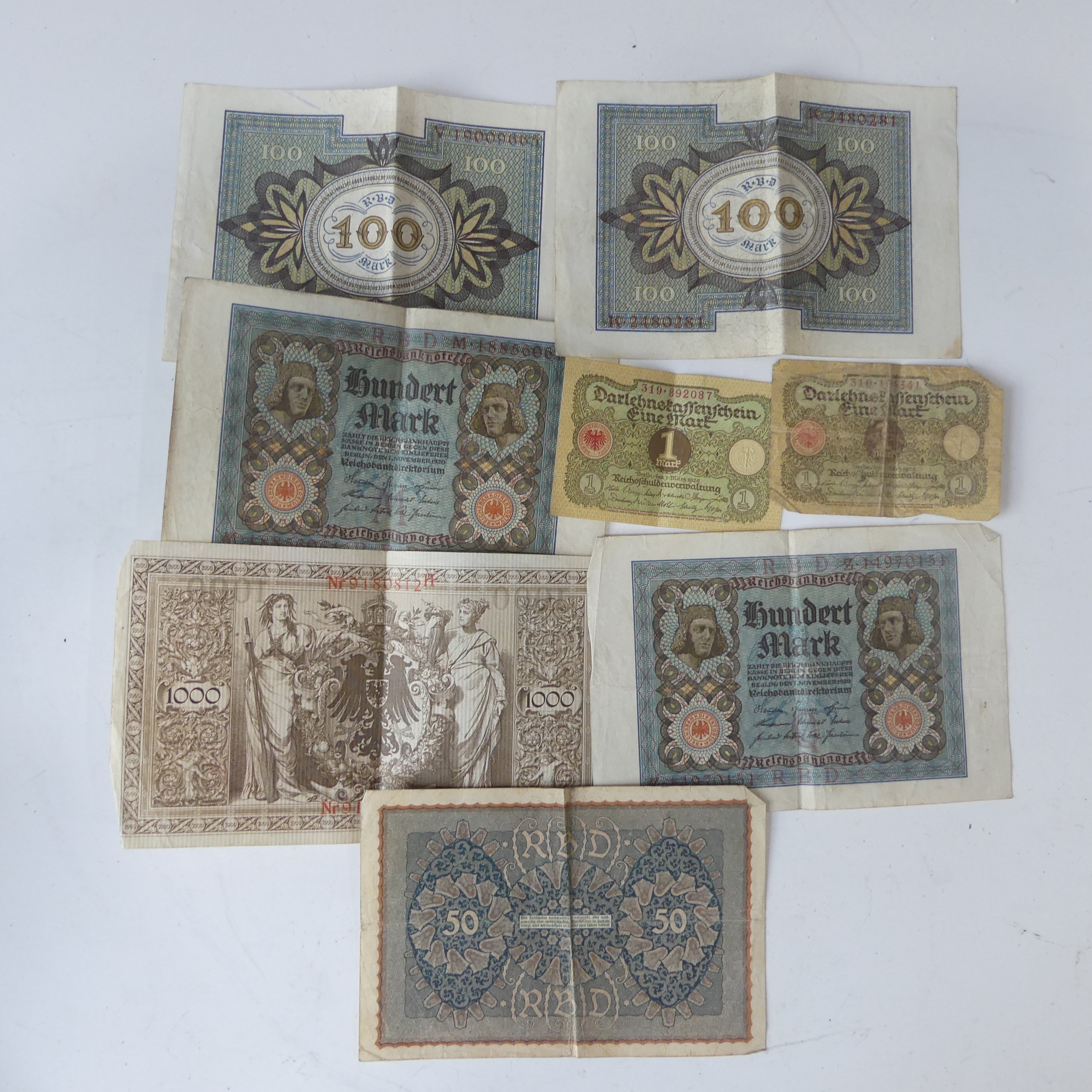 A Collection of 1920's German Reichsbanknote, consisting of two 1 mark notes dated 1920, a 50 Mark
