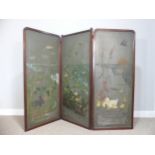 An early 20thC mahogany-framed painted three-fold Screen, one side of leatherette, with hand painted