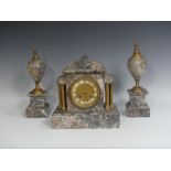 A Victorian grey marble three-piece Clock Garniture, clock with loose side panel, 39cm high, 27cm