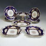 A late 19thC Coalport part Dessert Service, comprising eight Plates, two square Dishes, Tazza