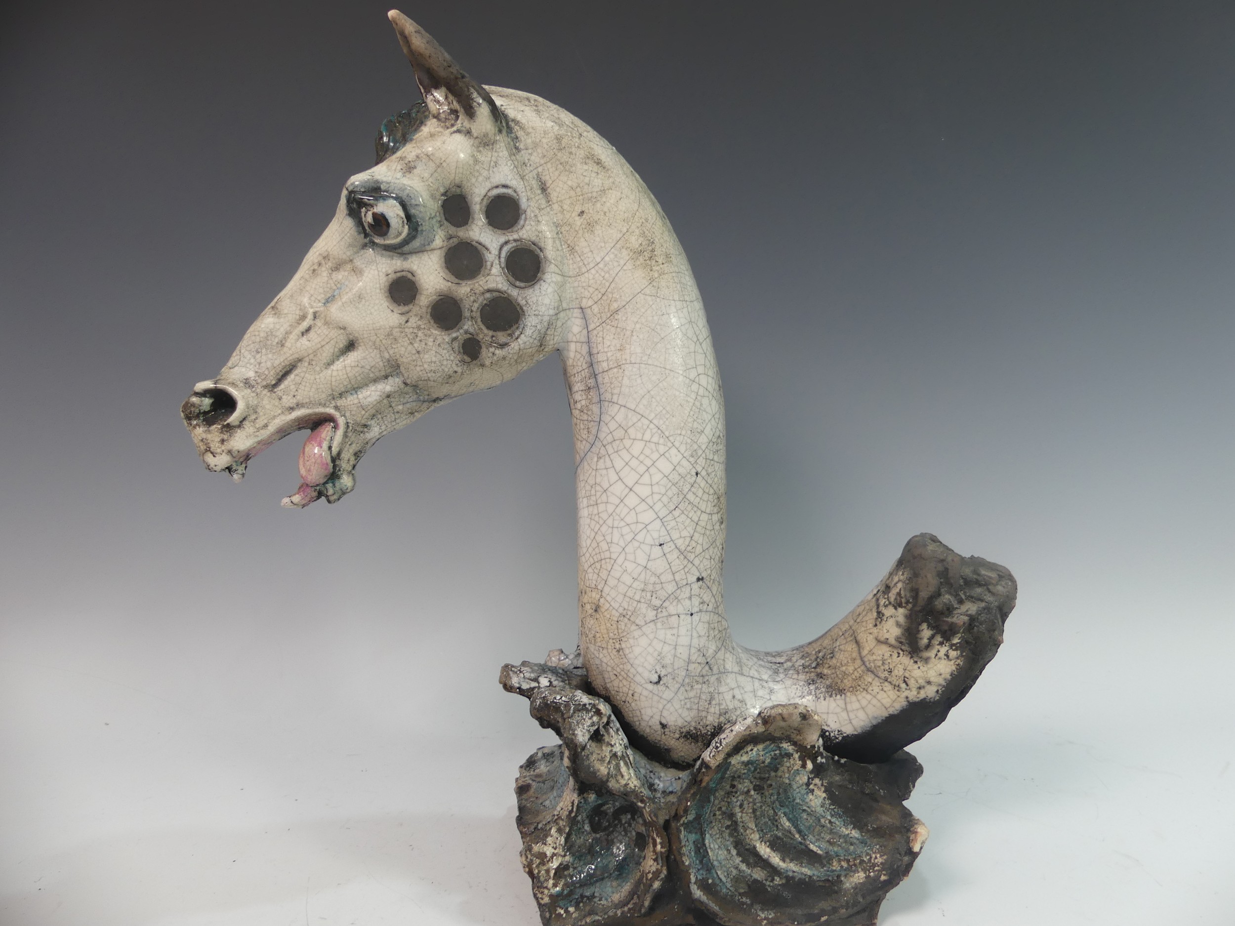 Lawson E. Rudge (b. 1936), a raku fired studio pottery sculpture of a Horse Head, modelled on a - Image 4 of 5