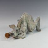 Lawson E. Rudge (b. 1936), a raku fired studio pottery sculpture of a Boxing Hare, with orange