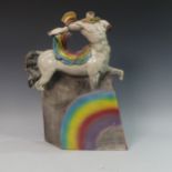 Lawson E. Rudge (b. 1936), a raku fired studio pottery sculpture of a Centaur, with rainbow