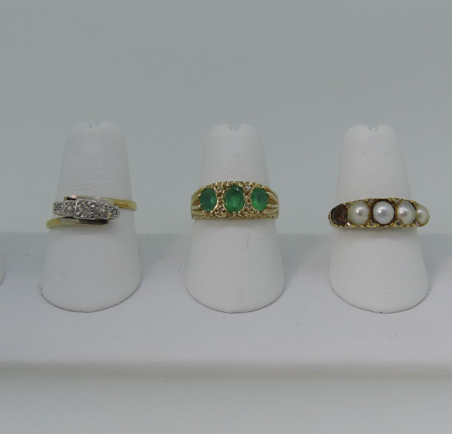 A three stone emerald Ring, mounted in 9ct yellow gold, Size M, 3.1g, together with a small five - Image 2 of 7