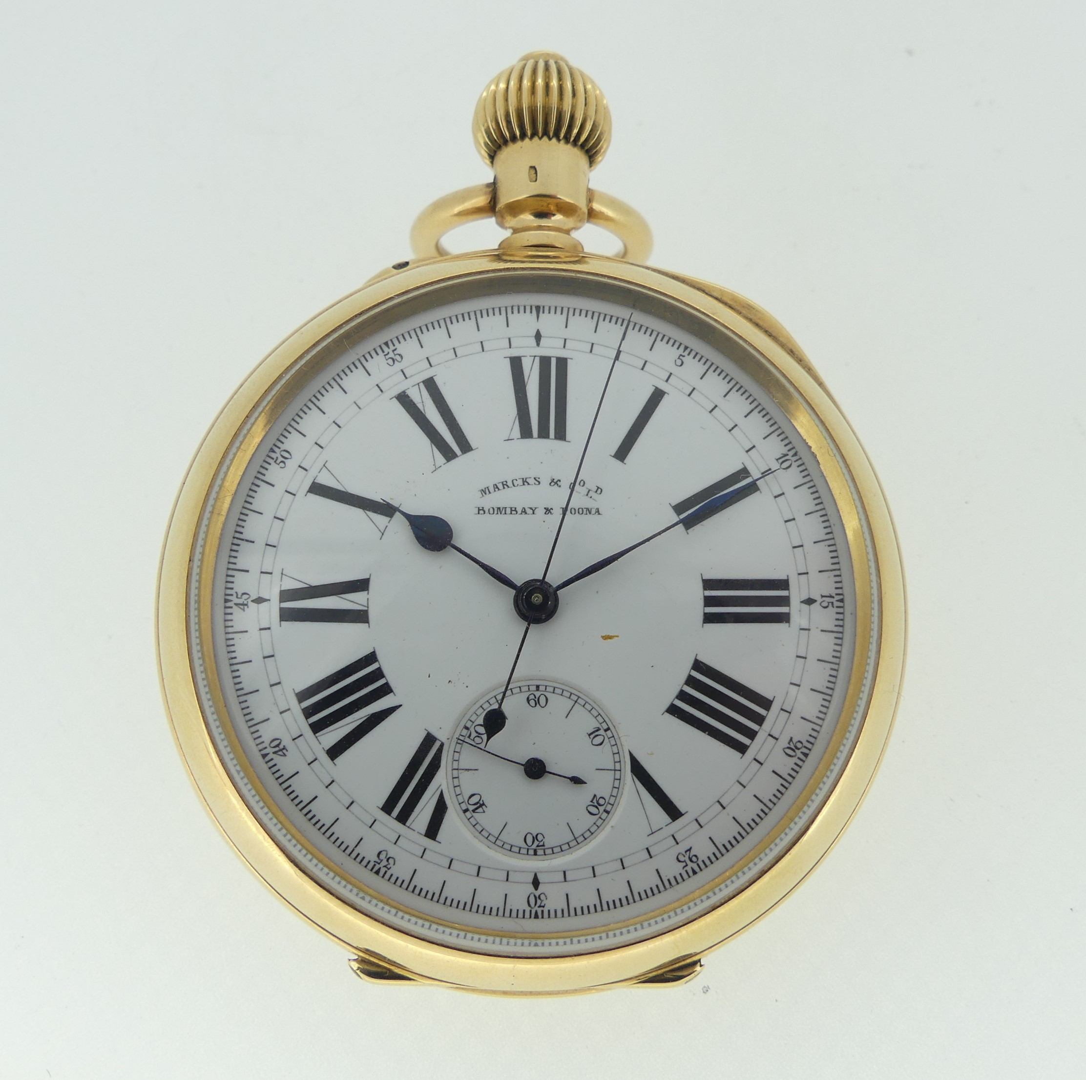 A Continental 18ct gold open face chronograph Pocket Watch, Marcks & Co. Ld., with glazed cuvette, - Image 2 of 7