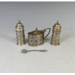 A late Victorian silver three piece Cruet Set, by Florence Warden, hallmarked Chester, 1898, a