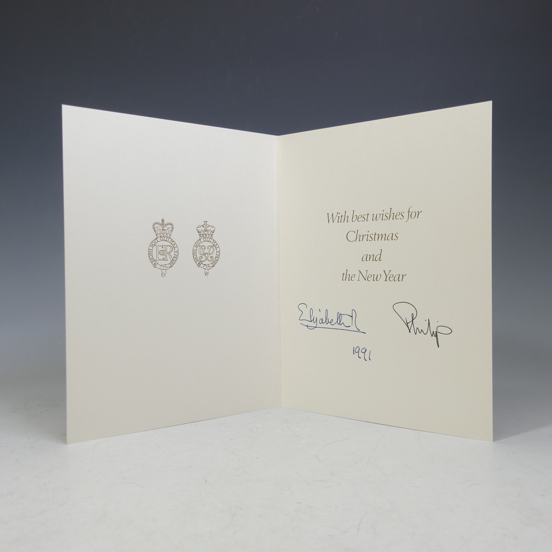 H.M.Queen Elizabeth II and H.R.H.The Duke of Edinburgh, signed 1991 Christmas card with twin gilt - Image 2 of 2