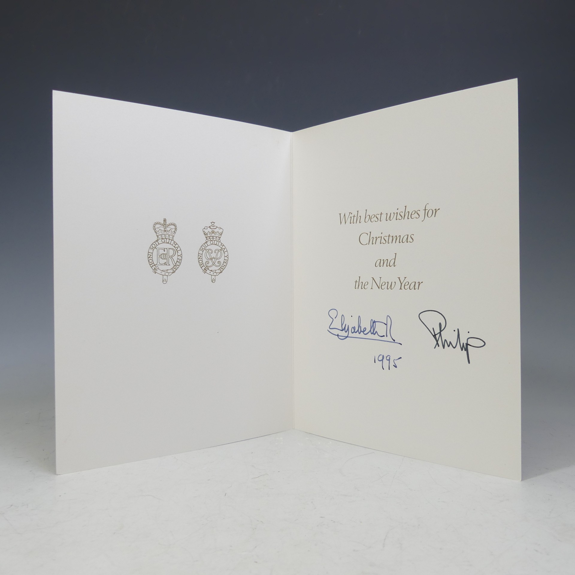 H.M.Queen Elizabeth II and H.R.H.The Duke of Edinburgh, signed 1995 Christmas card with twin gilt - Image 2 of 2