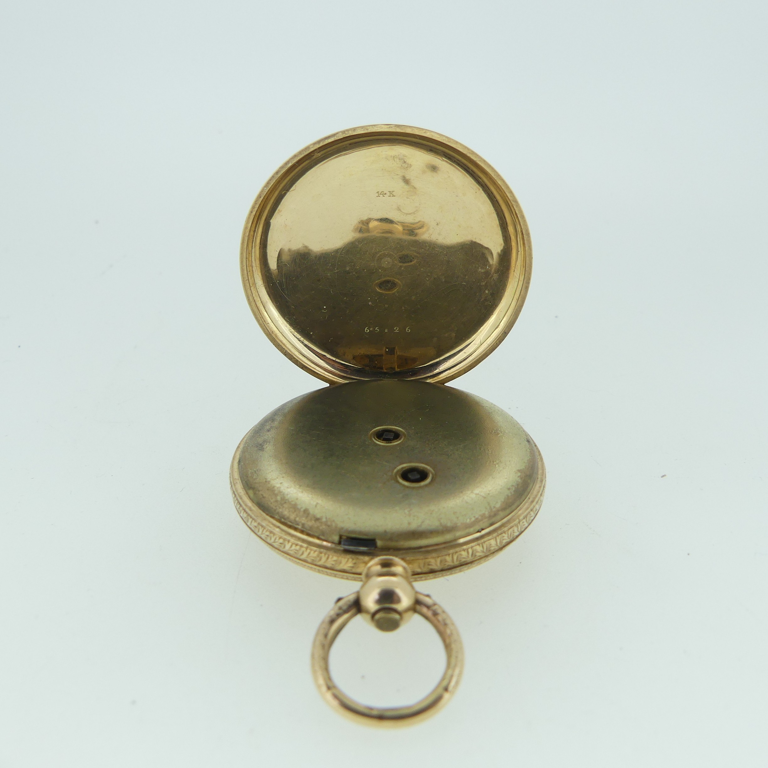 A pretty continental 14k gold open face Pocket Watch, key wound, with foliate engraved decoration - Image 3 of 4