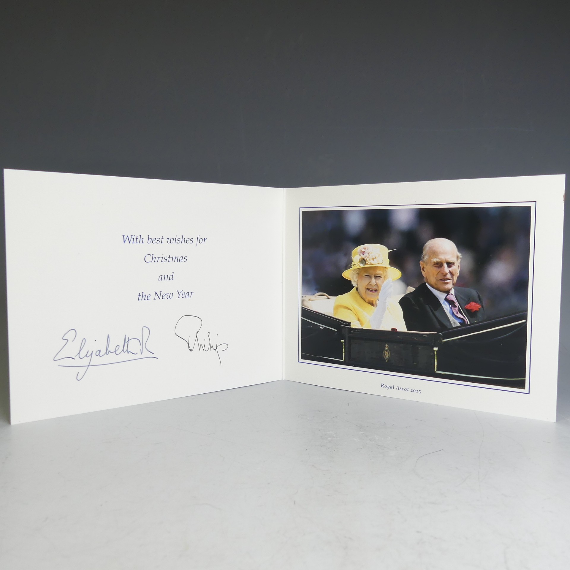H.M.Queen Elizabeth II and H.R.H.The Duke of Edinburgh, signed 2015 Christmas card with twin gilt