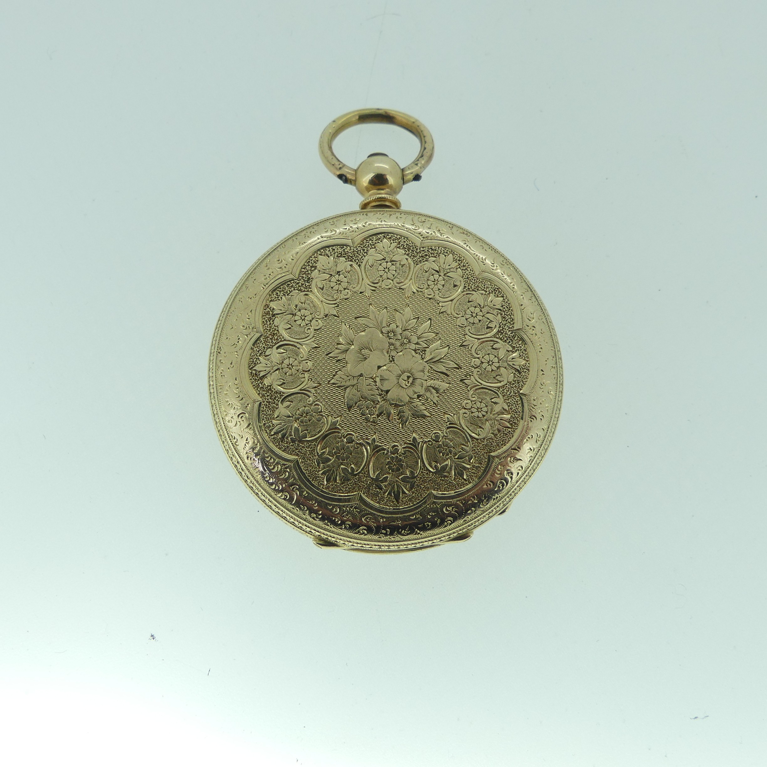 A pretty continental 14k gold open face Pocket Watch, key wound, with foliate engraved decoration - Image 2 of 4