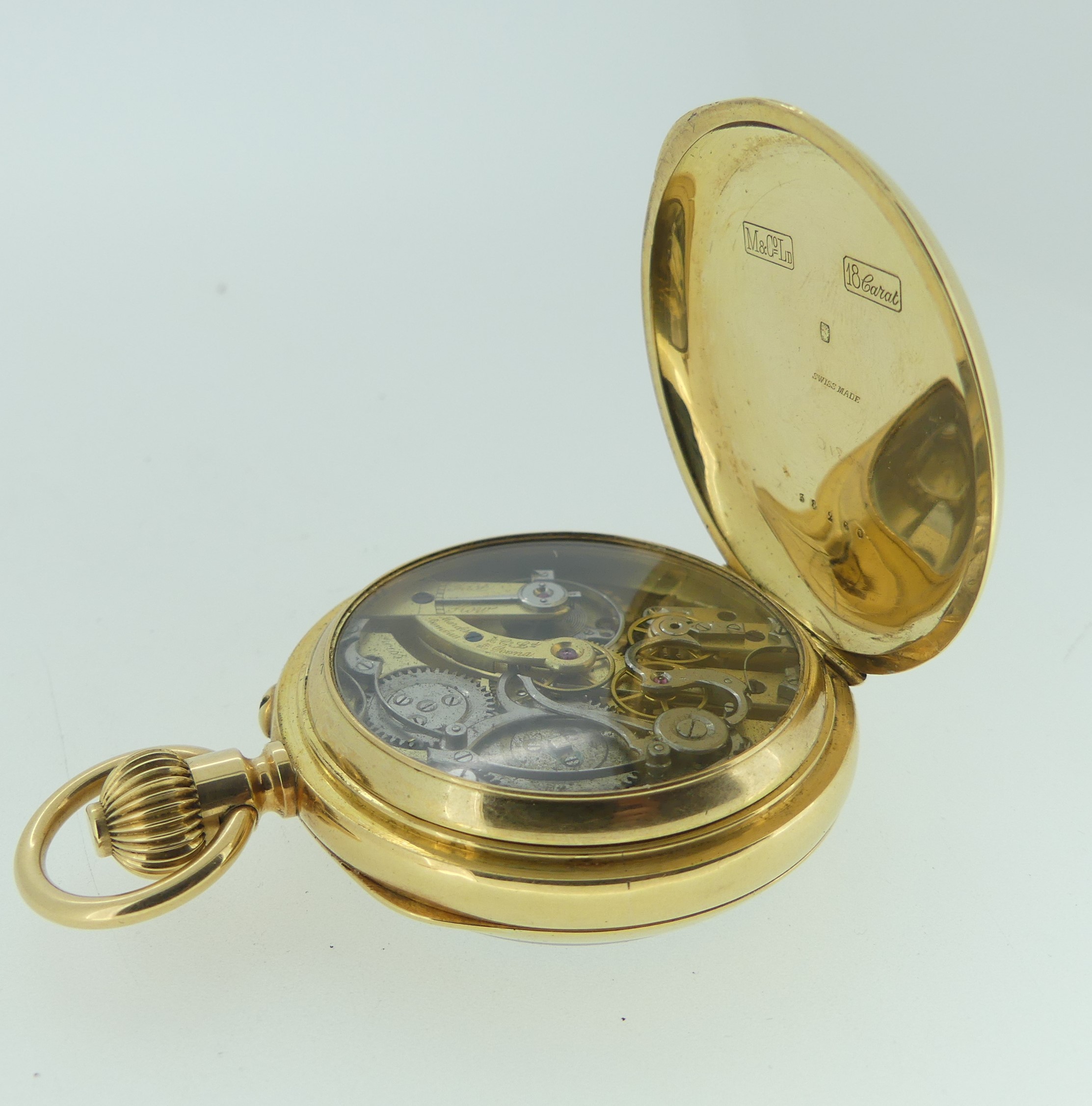 A Continental 18ct gold open face chronograph Pocket Watch, Marcks & Co. Ld., with glazed cuvette, - Image 4 of 7