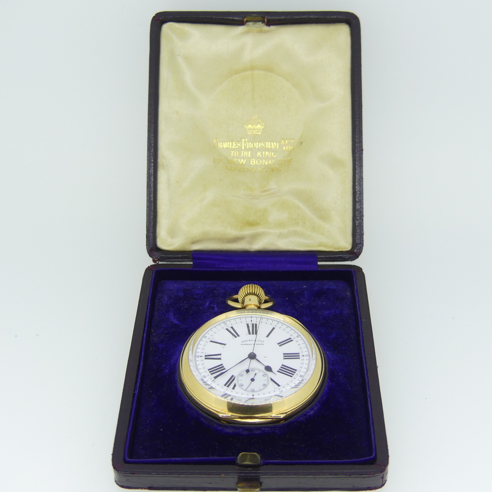 A Continental 18ct gold open face chronograph Pocket Watch, Marcks & Co. Ld., with glazed cuvette, - Image 5 of 7
