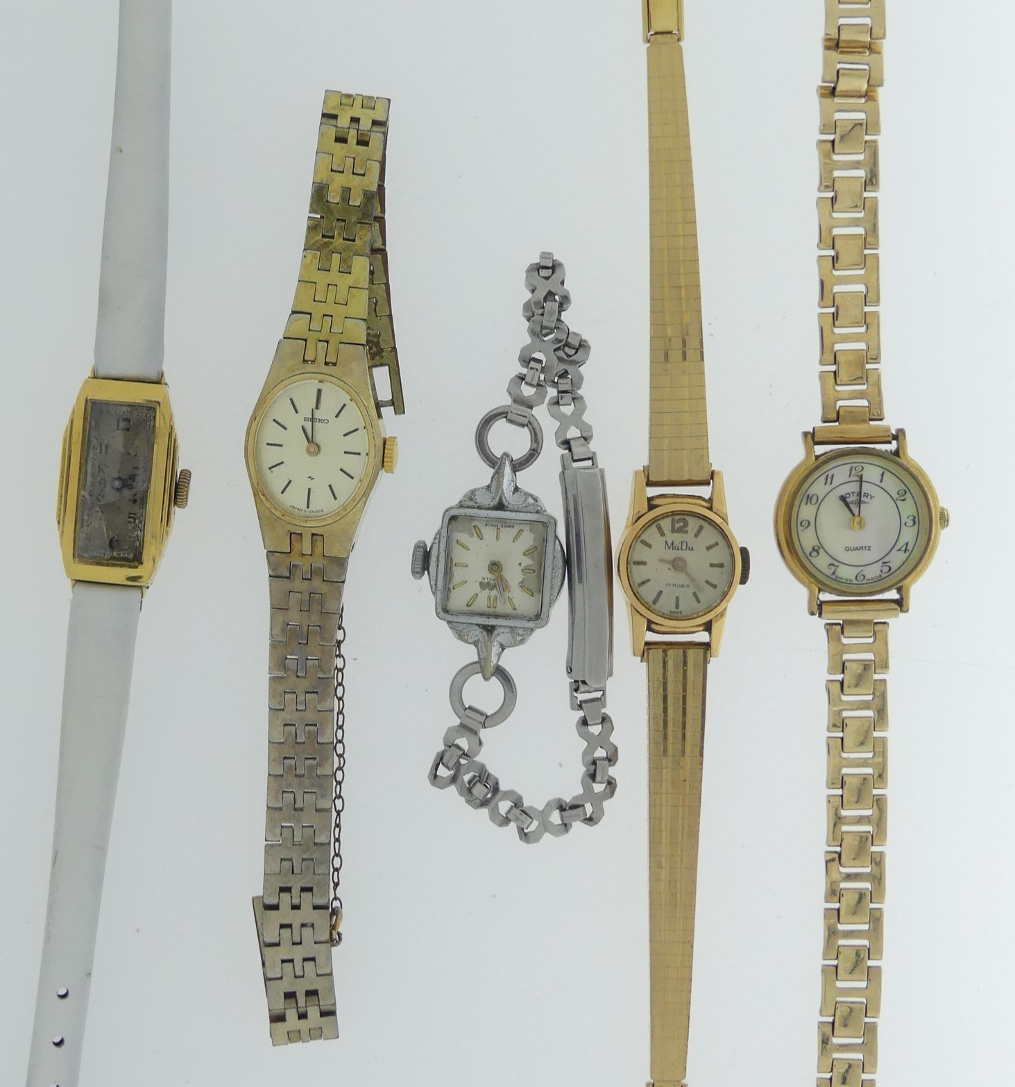 Two small 18ct gold cased lady's Wristwatches, including one MuDu, on gold plated bracelet strap,