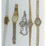 Two small 18ct gold cased lady's Wristwatches, including one MuDu, on gold plated bracelet strap,
