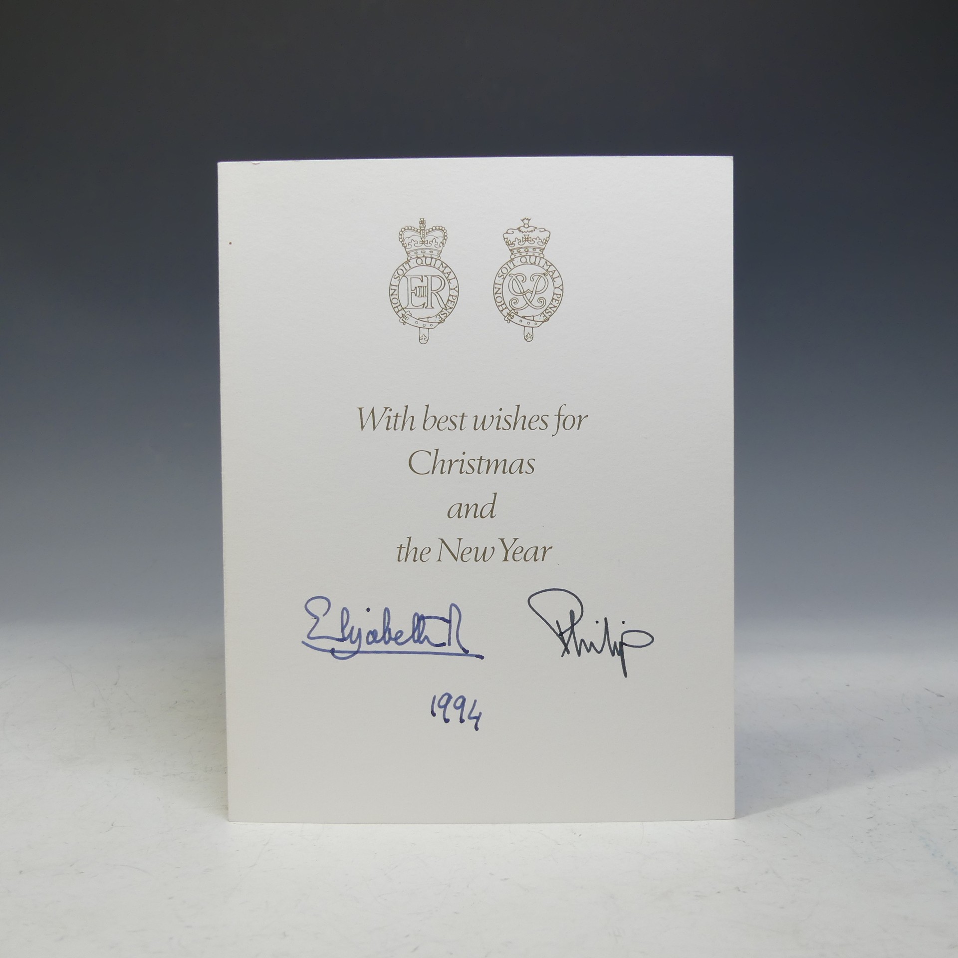 H.M.Queen Elizabeth II and H.R.H.The Duke of Edinburgh, signed 1994 Christmas card with twin gilt - Image 2 of 2