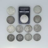 A collection of thirteen 19thC American silver 'Morgan' Dollars; 1887, 1891, 1891, 1897, 1898, 1899,