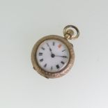 A pretty continental 9ct gold Fob Watch, with engraved and enameled case, the circular dial with
