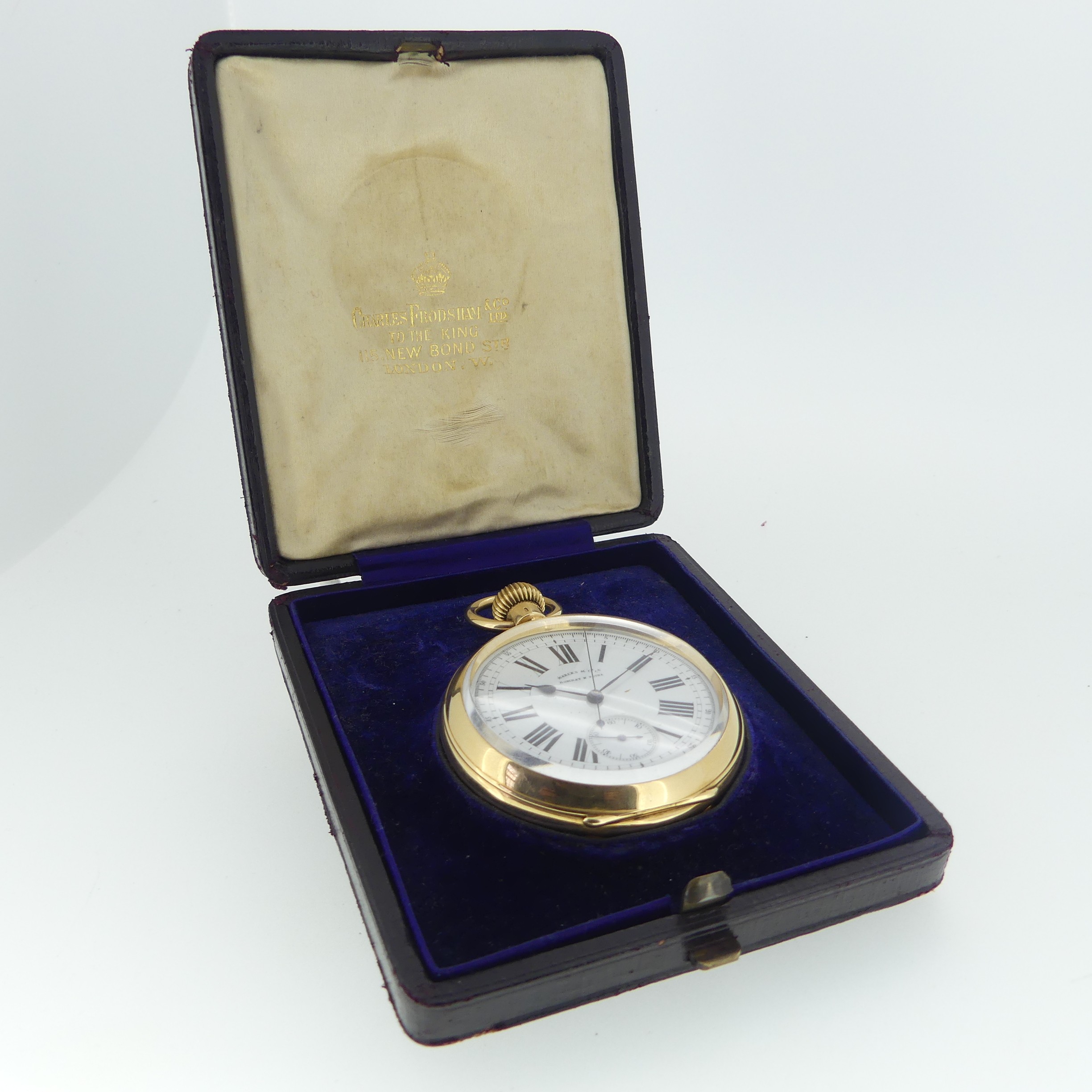 A Continental 18ct gold open face chronograph Pocket Watch, Marcks & Co. Ld., with glazed cuvette, - Image 6 of 7