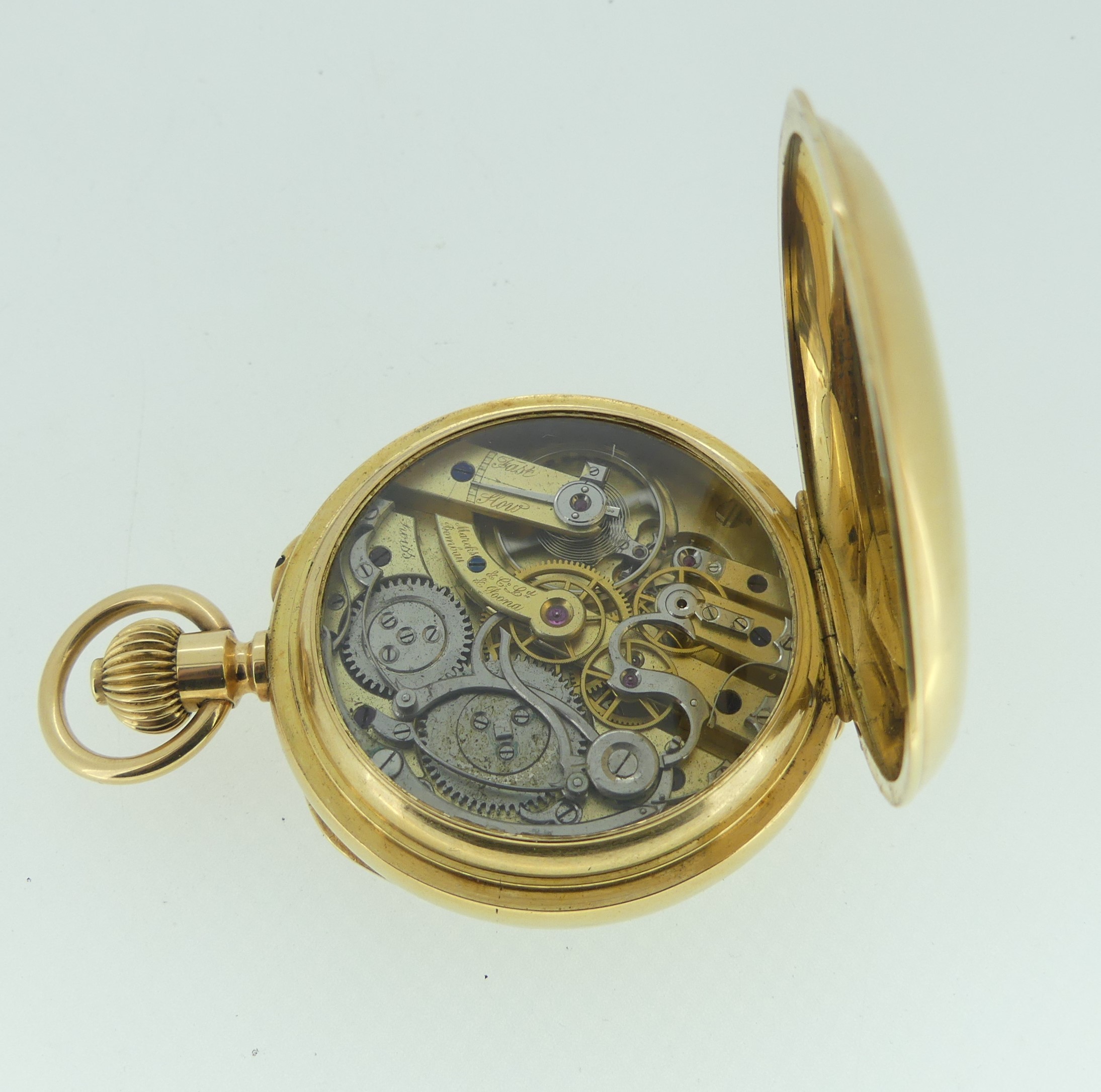 A Continental 18ct gold open face chronograph Pocket Watch, Marcks & Co. Ld., with glazed cuvette, - Image 3 of 7