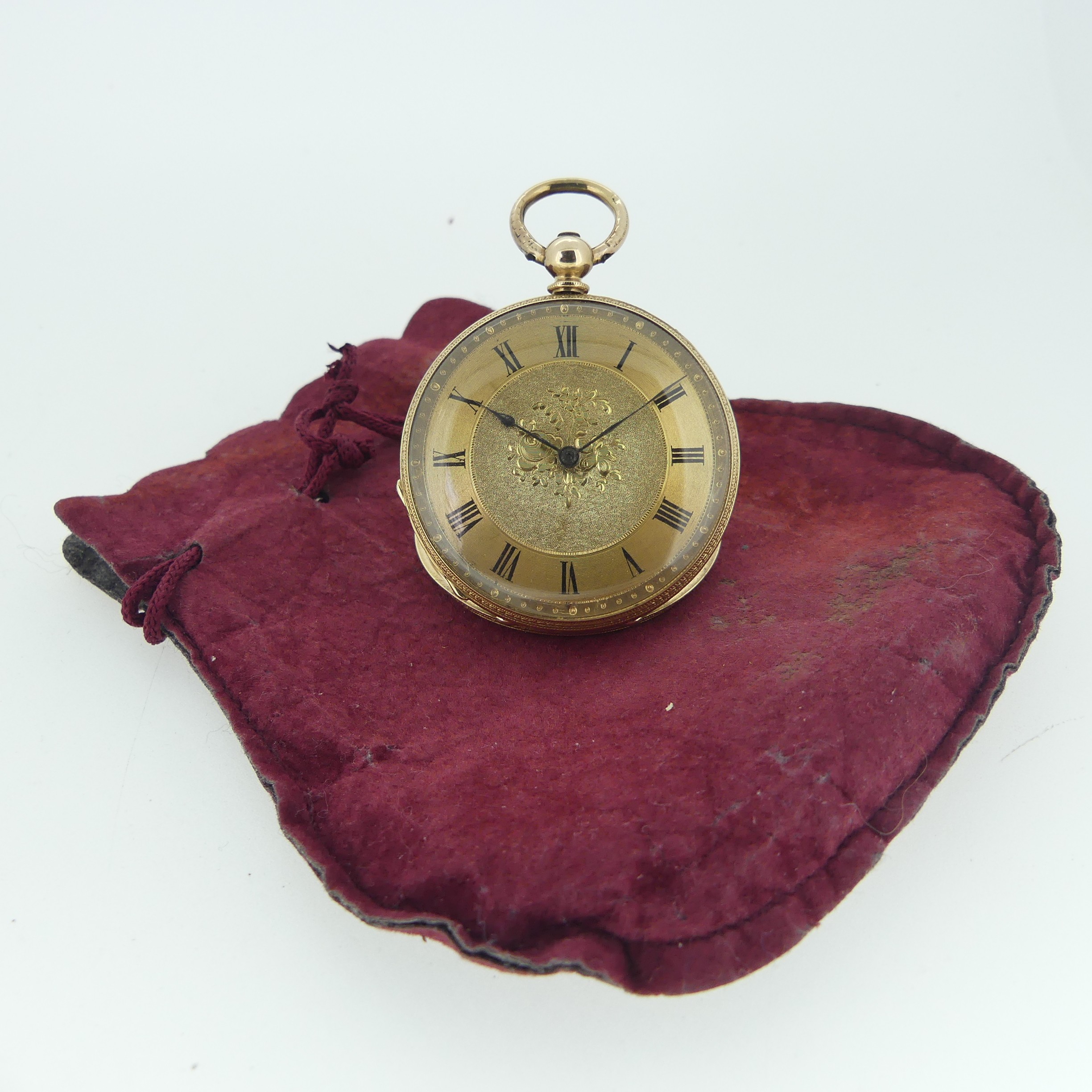 A pretty continental 14k gold open face Pocket Watch, key wound, with foliate engraved decoration - Image 4 of 4