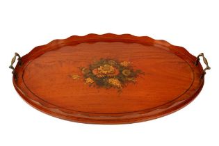 AN EDWARDIAN SATINWOOD AND PAINTED OVAL TRAY, IN THE SHERATON STYLE