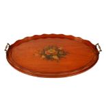 AN EDWARDIAN SATINWOOD AND PAINTED OVAL TRAY, IN THE SHERATON STYLE