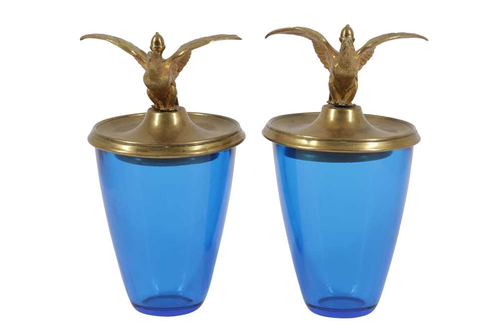 A PAIR OF FRENCH GILT METAL AND BLUE GLASS CACHE POTS, LATE 19TH CENTURY AND LATER