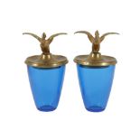 A PAIR OF FRENCH GILT METAL AND BLUE GLASS CACHE POTS, LATE 19TH CENTURY AND LATER