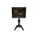 AN ENGLISH BLACK JAPANNED TILT TOP TRAY TABLE, 19TH CENTURY